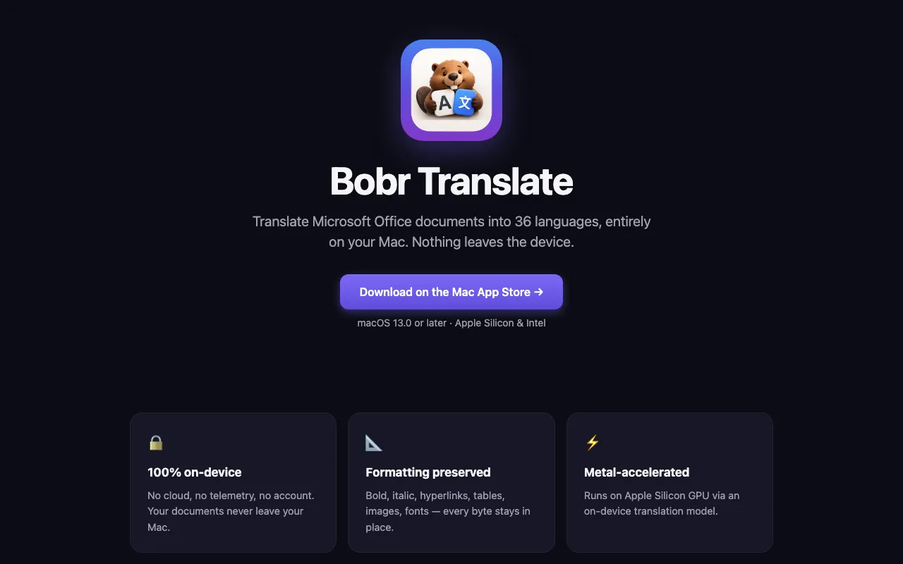 Bobr Translate macOS landing page