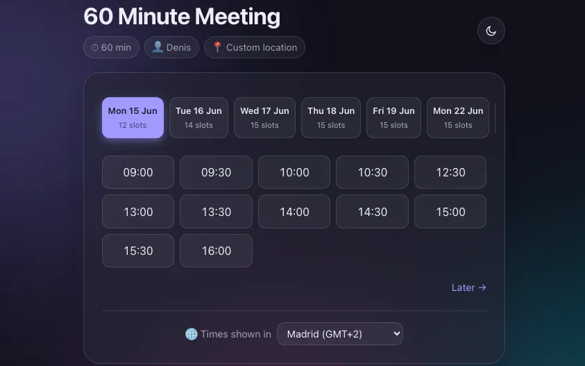 Booking page showing available meeting times